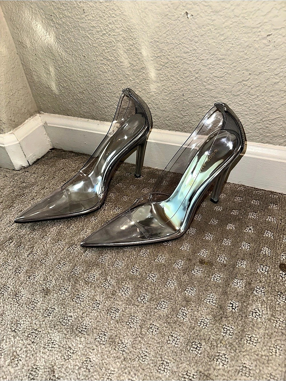 Good American Pointed-Toe Metallic Silver Heels